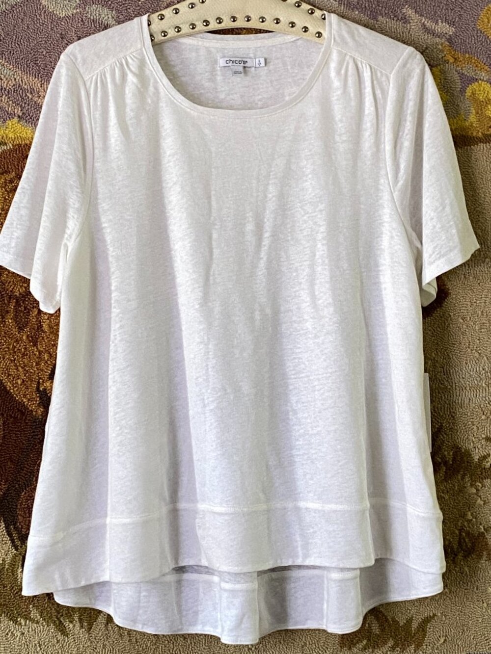 NWT Chicos Sz 2 (L) Linen Tiered Swing Tee Top Knit Alabaster White Short Sleeve